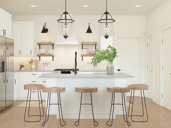 Kitchen with island, pendant lighting and open shelving