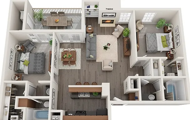 Two Bedrooms, Two Bathrooms, 930 sqft, Full-Sized Washer/Dryer Connections, Patio/Balcony, Two Walk-in Closets, Built-in Book Shelves in Selected Units, Fireplace in Selected Units Two Bedrooms, Two Bathrooms, 930 sqft, Full-Sized Washer/Dryer Connections