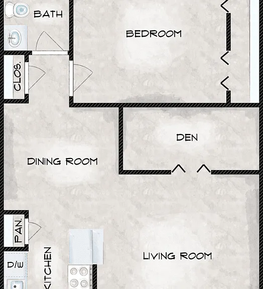 One Bed One Bath B Floorplan Diagram