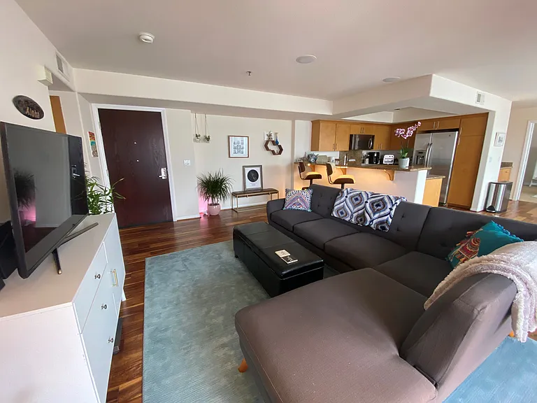 open concept living area with huge south facing windows