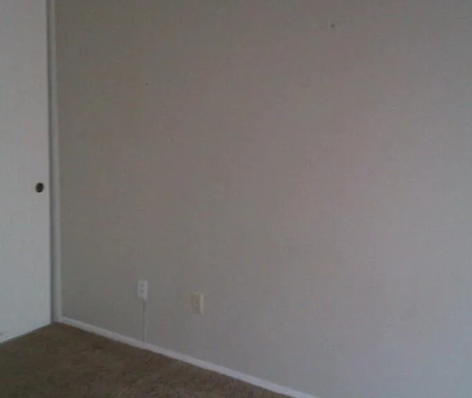 One side of masterbedroom wall with 2 walkin closets and fans.