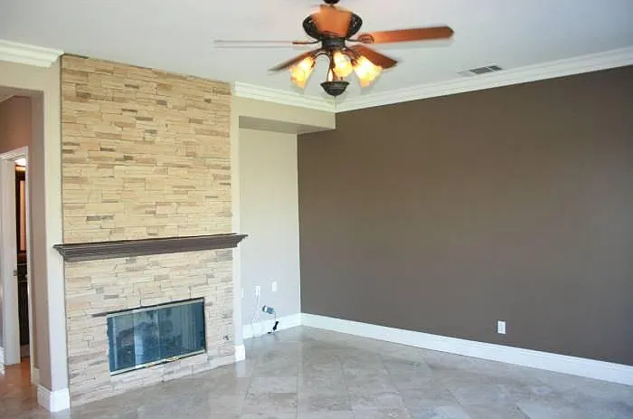 Family Room with custom ledger stone fireplace