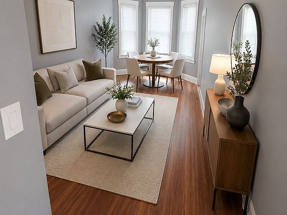 Rendering of living room and dining room layout