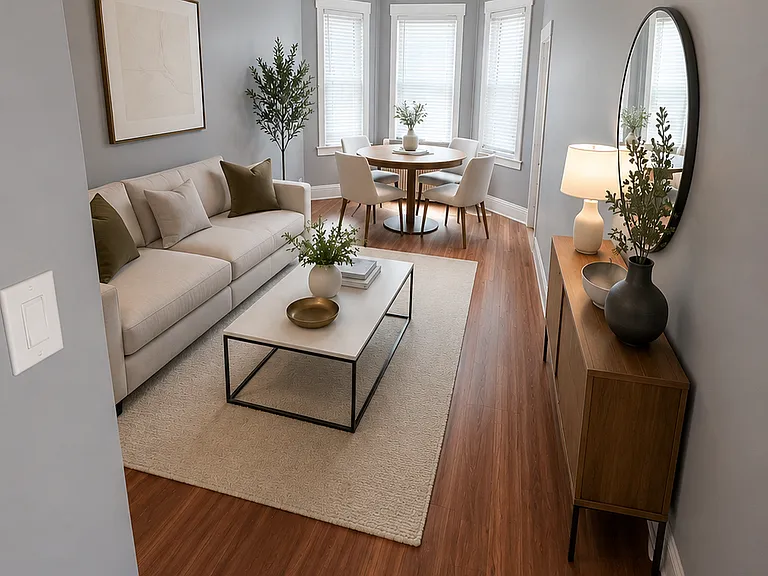 Rendering of living room and dining room layout