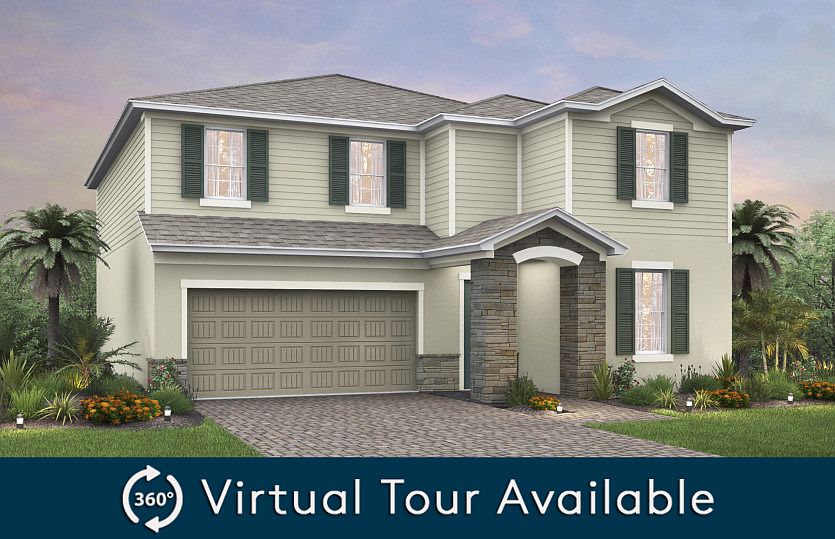 The Sandhill, a two-story home with a 2 car garage, shown as Home Exterior FM2A