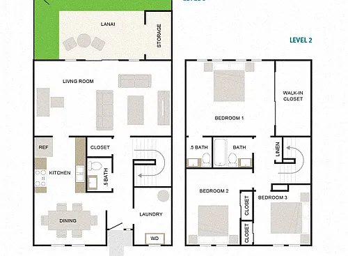 Floor plan Makai 3/1.5 1368sf Townhome