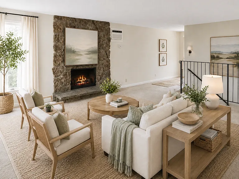 Spacious living room with fireplace