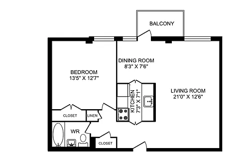 Floor plan 1 Bedroom 1 Bed 1 Bath 2