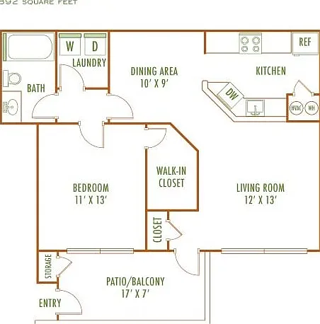Elegant 2D floor plan of an 892 sq ft apartment featuring 1 bedroom, spacious living room, modern kitchen, dining area, bath, laundry, and inviting patio/balcony. Elegant 2D floor plan of an 892 sq ft apartment featuring 1 bedroom, spacious living room, m