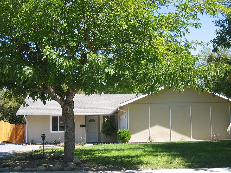 Front view with mature trees