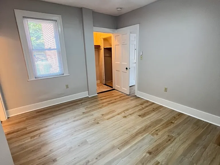 Bedroom offers LVP floor, high ceilings, natural light, large closet and a ceiling fan