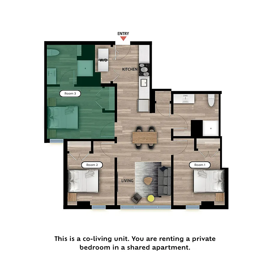 Floor plan Private Bed in a 3 Bed 2 Bath C - RM3-Private Bath