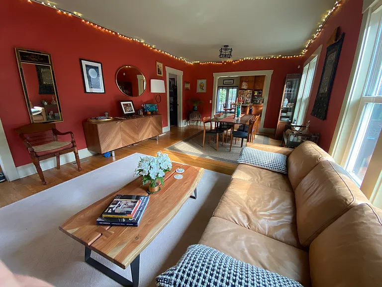 Living Dining room view, office and powder room off the door on the left