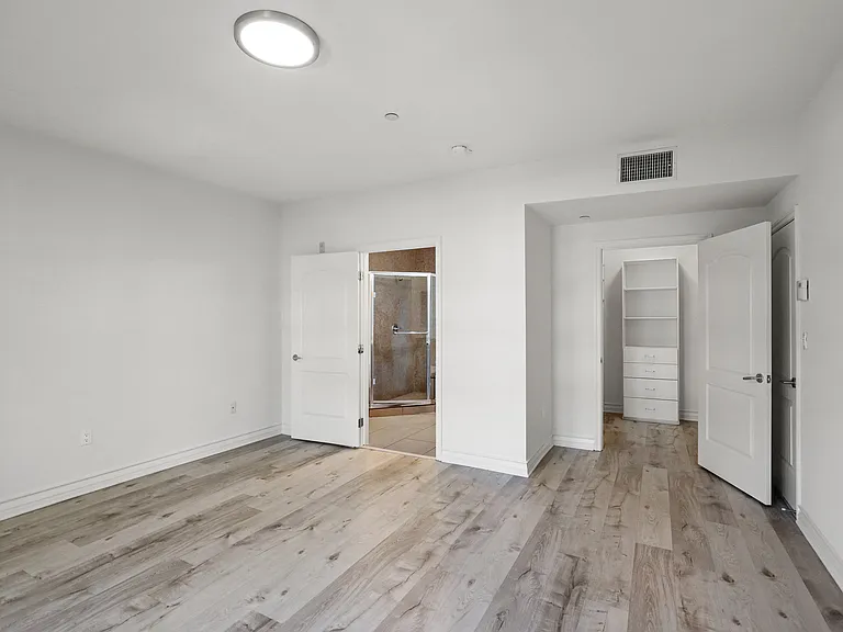 Large Bedroom with a Walk-In Closet and Vinyl Flooring