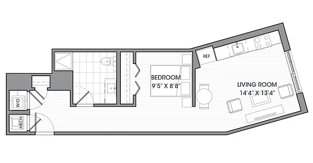 Floor plan One Bedroom One Bath (590 SF)