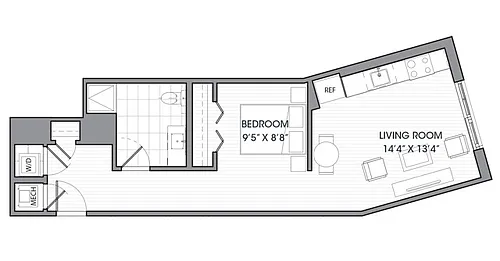 Floor plan One Bedroom One Bath (590 SF)