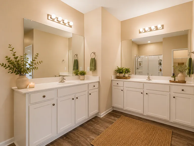 Virtually staged primary bathroom.