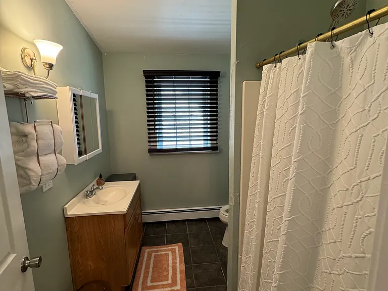 Bathroom shower and sink.