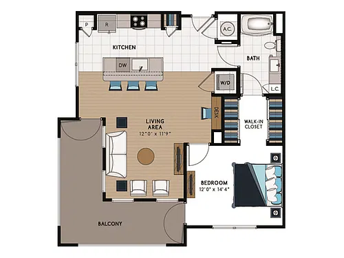 Floor plan 1 Bed, 1 Bath F (60% Income Restricted)
