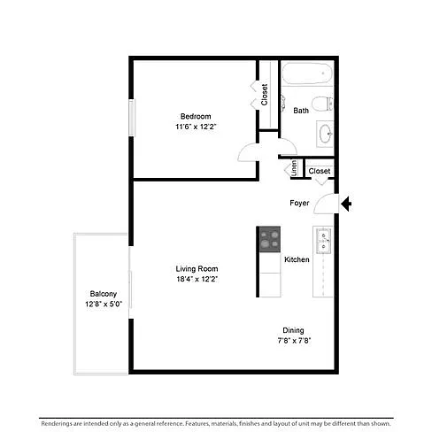 Floor plan 1 Bed 1 Bath Style G (with balcony)