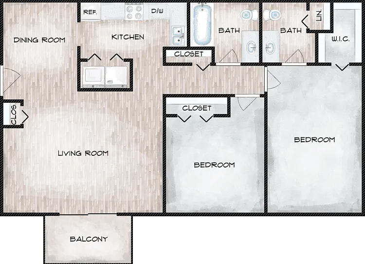2 Bed 2 Bath Floorplan Diagram