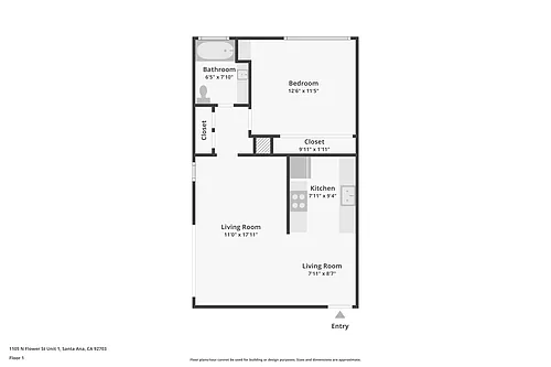 Floor plan 1 Bed 1 Bath - 1105 N. Flower St