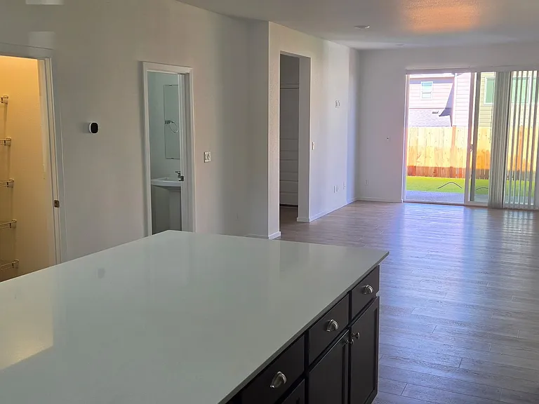 View to the backyard and the pantry, 1/4 bath, and door to garage.