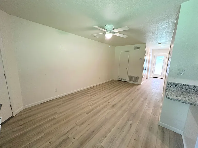View of living room towards the back door. New LVP flooring
