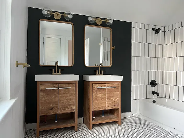 Dual vanities upstairs with brand new tile
