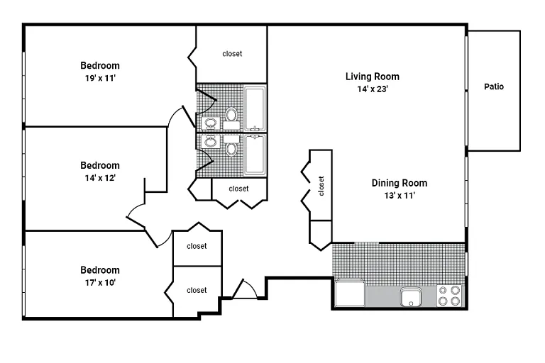 Floor plan 3 Bedroom 2 Bath XL