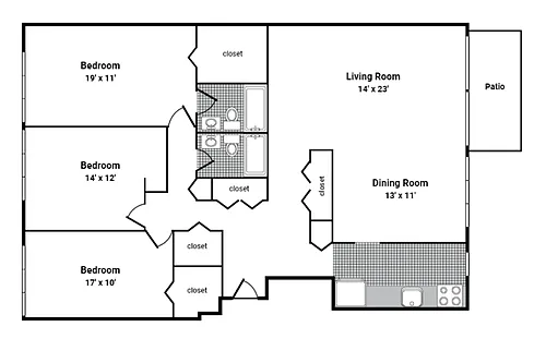 Floor plan 3 Bedroom 2 Bath XL
