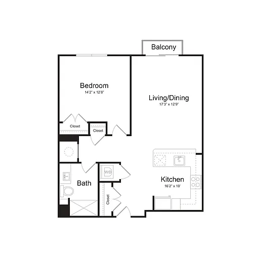 Floor plan One Bedroom/One Bath (1W-A) Balcony