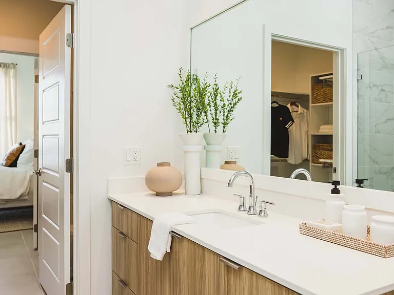 Your bathroom vanity has ample space with brand-new countertops and cabinets