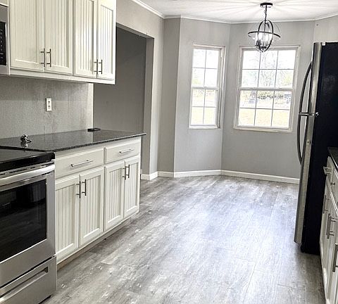 Remodeled kitchen with new appliances, including a fridge.
