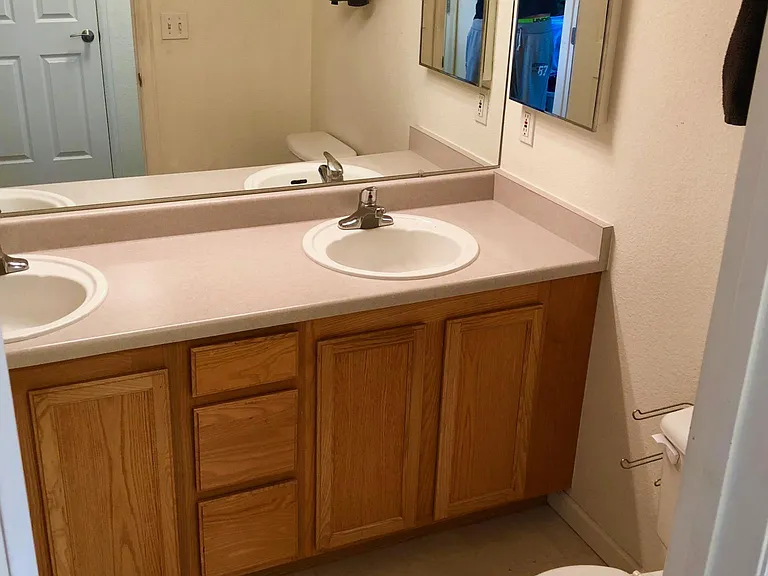 Double vanity bathroom with garden soaking tub