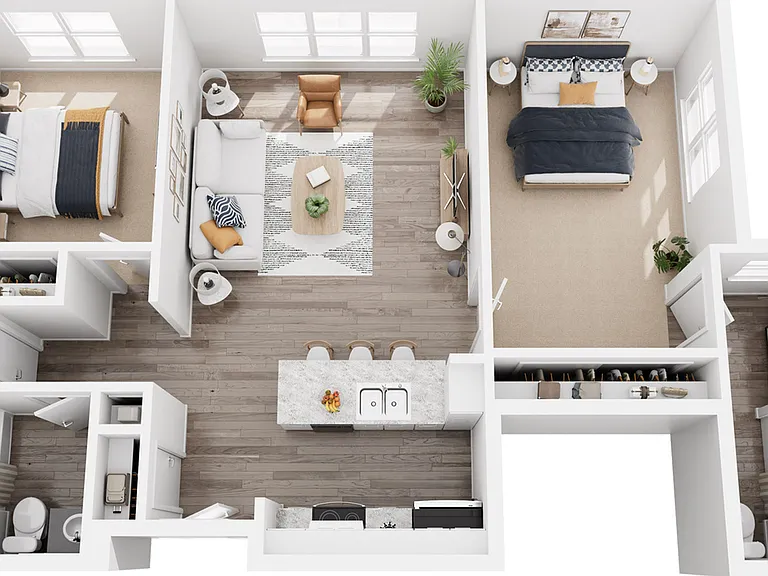 Modern 3D floor plan showcasing 2 spacious bedrooms, an open living area, a sleek kitchen with an island, and two elegant bathrooms. Modern 3D floor plan showcasing 2 spacious bedrooms, an open living area, a sleek kitchen with an island, and two elegant 