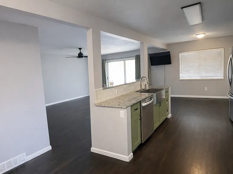 Kitchen Island with living space in back.