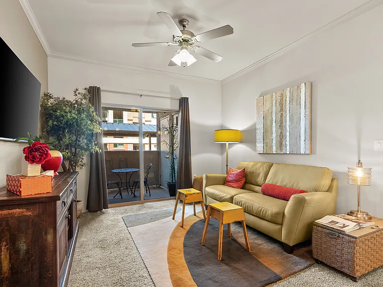 Living room and patio view from breakfast bar