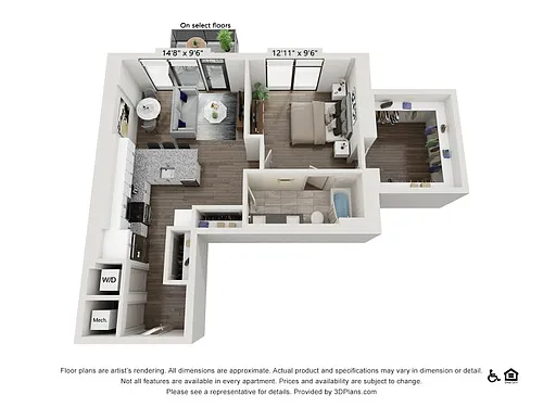 Floor plan One Bedroom One Bath (864 SF)