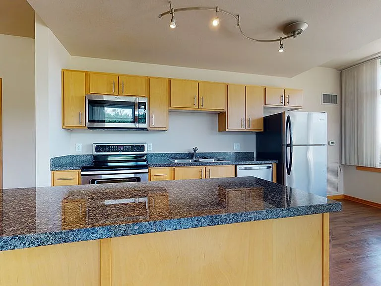 Apartment kitchen with stainless steel appliances, granite countertops and wood-style flooring.