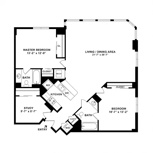 Floor plan 2 Bed/2 Bath Den-B12R