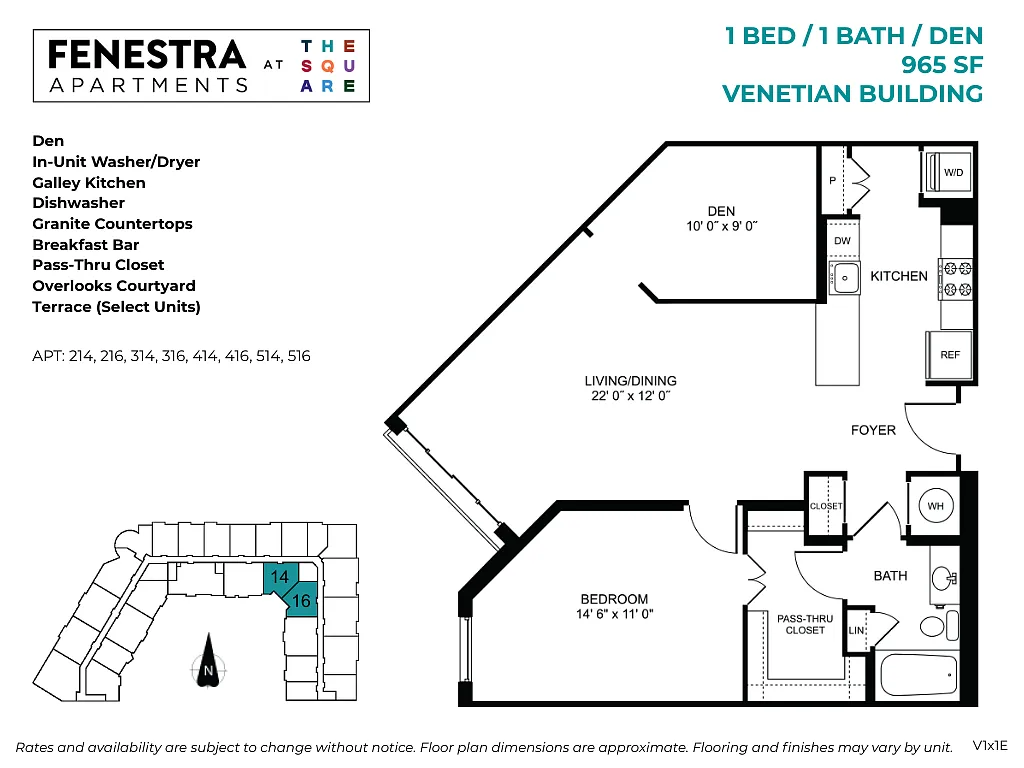 Floor plan Venetian - 1 Bed / 1 Bath / Den