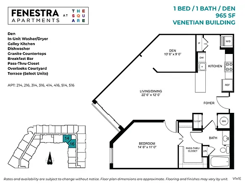 Floor plan Venetian - 1 Bed / 1 Bath / Den
