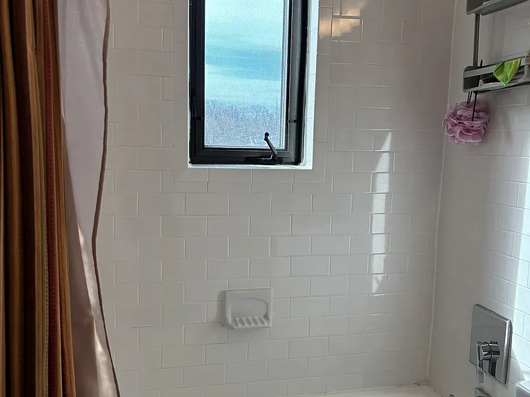 Shower head and tub with window (blinds are now installed)