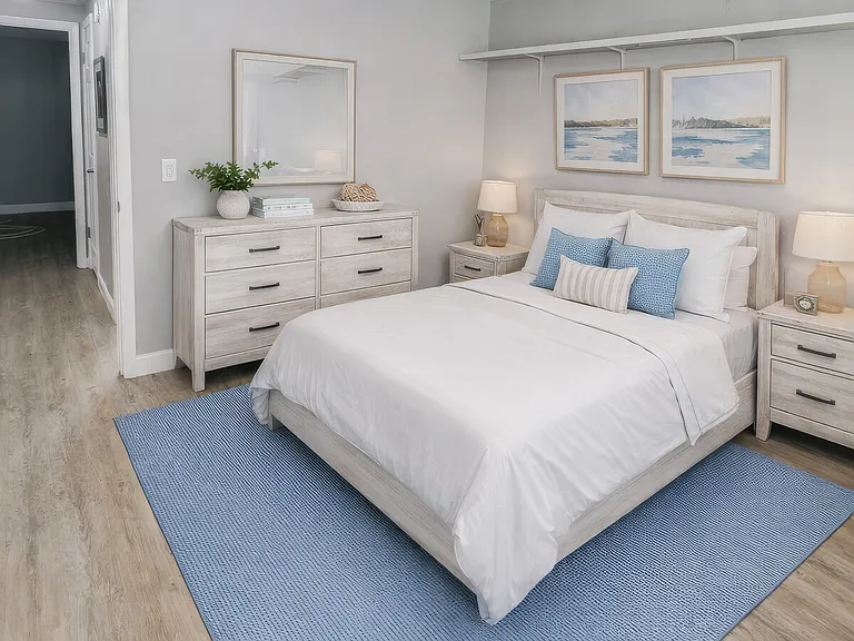 Staged for decorating ideas, no furniture or accent pieces included. note you do have a shelf above the bed.