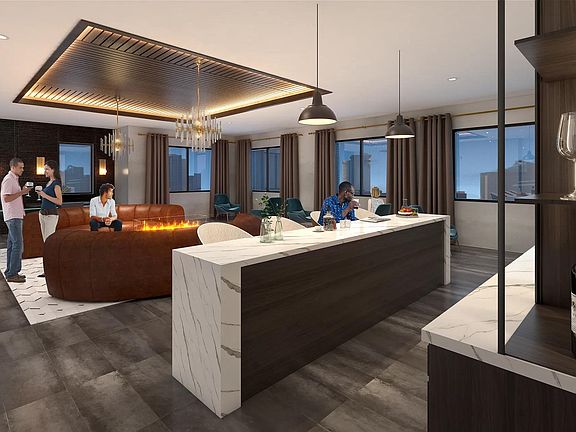 8th-floor sky lounge with gathering space, bar area, and sweeping views at Modera Encore apartments in Tampa.