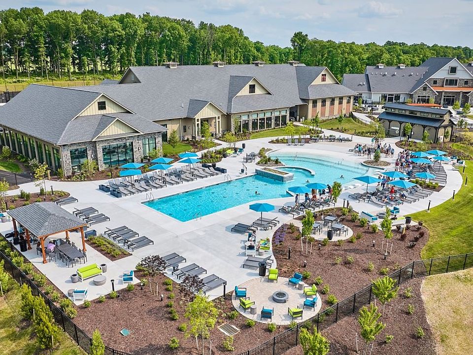 Bird s-eye view of the beautiful clubhouse and outdoor pool at Amblebrook in Gettysburg, PA.