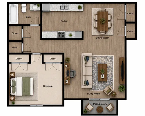 Floor plan 1X1 With Laundry
