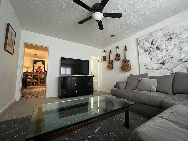 Den with sectional that is the size of two twin beds. Door on the left leads into kitchen. Door on the right leads into half bath.
