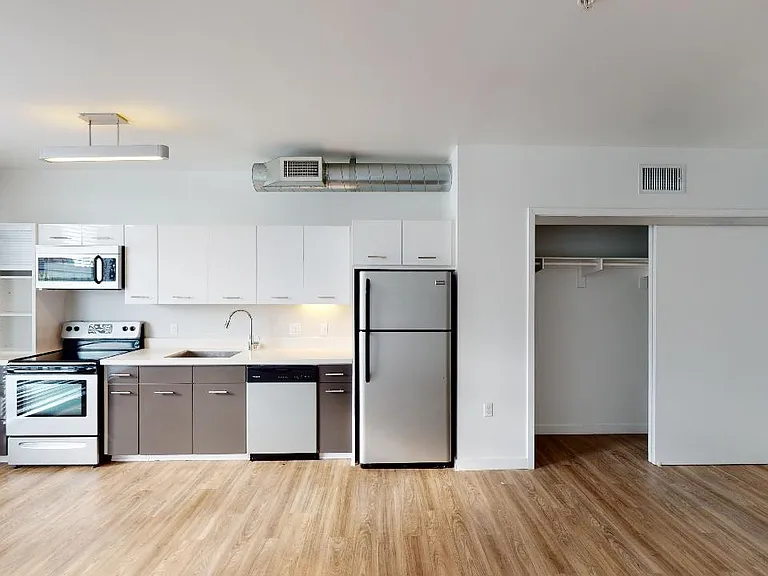 Apartment kitchen with stainless steel appliances, quartz countertops and wood-style flooring.